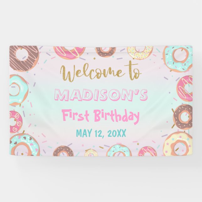 Pastel Pink Doughnut Birthday Grow Up Party Backdr Banner (Horizontal)