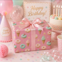Pastel Pink Doughnut & Ice Cream Birthday Wrapp