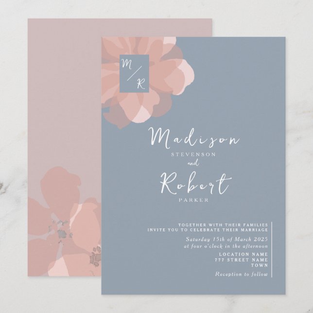 Pastel Pink Dusty Blue Floral Wedding Invitation (Front/Back)