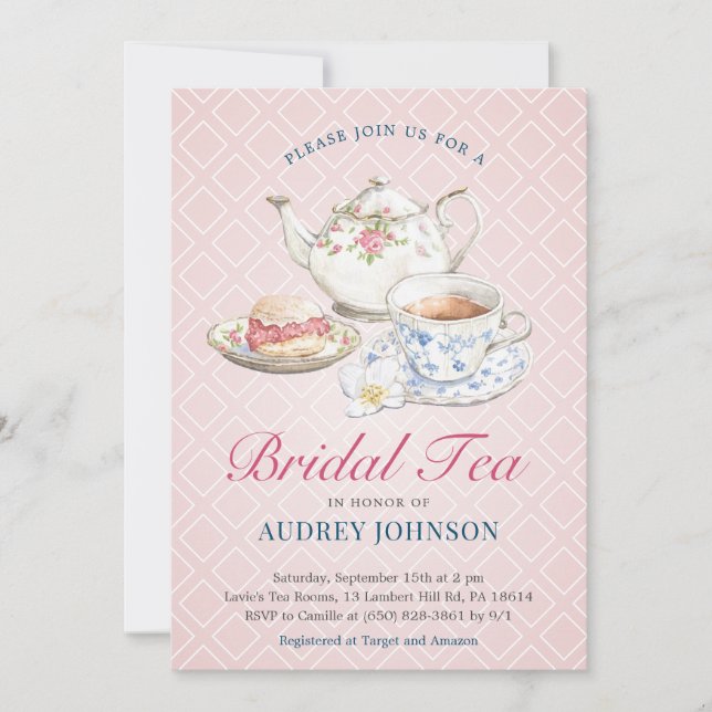 Pastel Pink Elegant Classy Bridal Shower High Tea Invitation (Front)