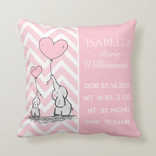 Pastel Pink Elephant Personalised Baby Girl Birth Cushion Zazzle
