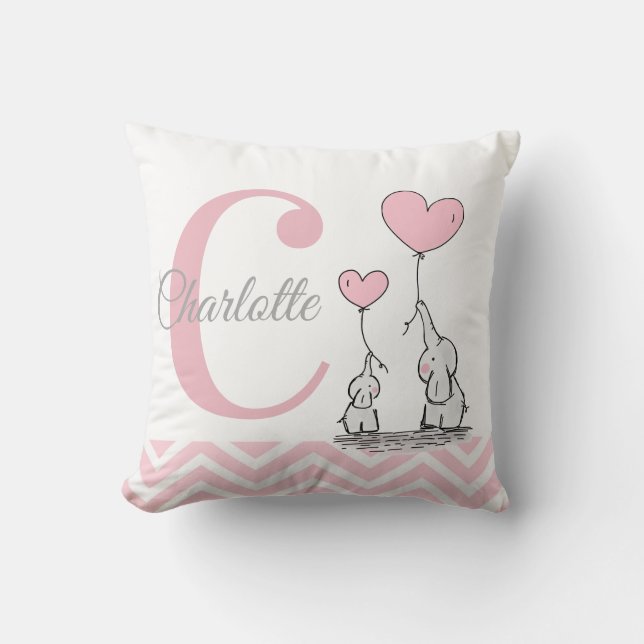 Pastel Pink Elephant Personalised Baby Girl Pillow (Front)