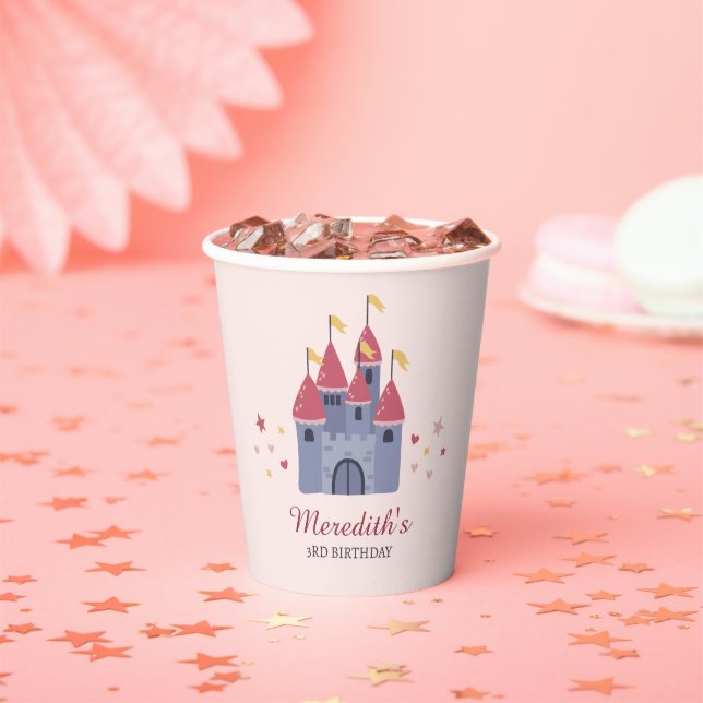 Pastel Pink Enchanted Castle Hearts & Stars Party Paper Cups (Insitu)