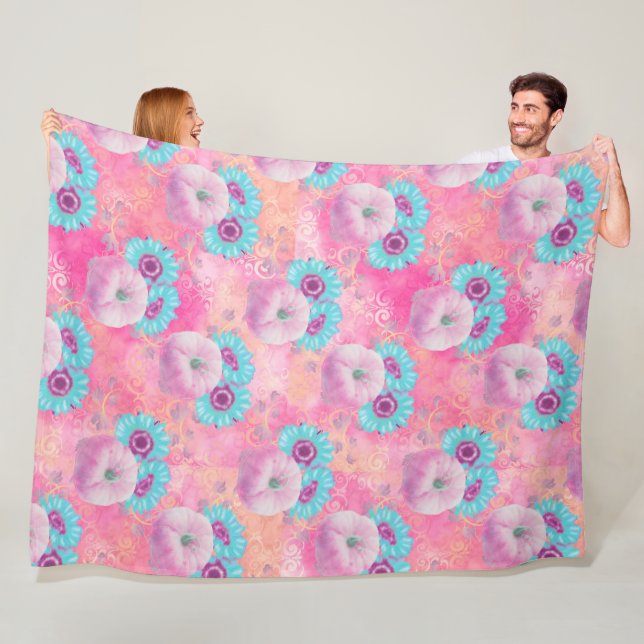 PASTEL PINK FALL PUMPKINS & AQUA SUNFLOWERS FLEECE BLANKET (In Situ)