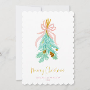 Pastel Pink Farmhouse Check Christmas Mistletoe Holiday Card