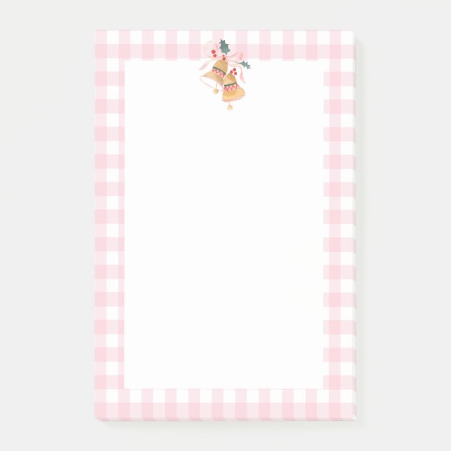Pastel Pink Farmhouse Plaid Check Christmas Bells Post-it Notes (Front)