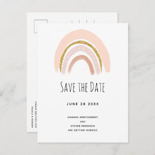 Pastel Pink & Faux Glitter Boho Rain Save the Date Invitation Postcard