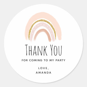 Pastel Pink & Faux Glitter Boho Rainbow Birthday Classic Round Sticker