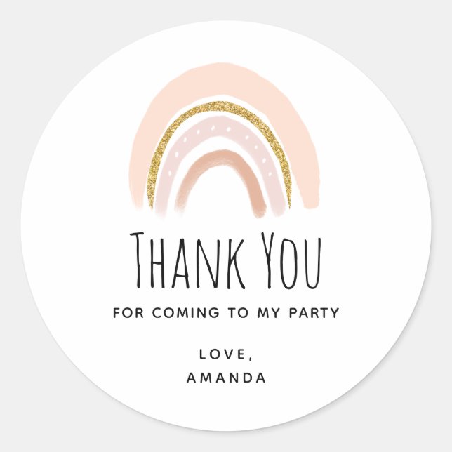 Pastel Pink & Faux Glitter Boho Rainbow Birthday Classic Round Sticker (Front)