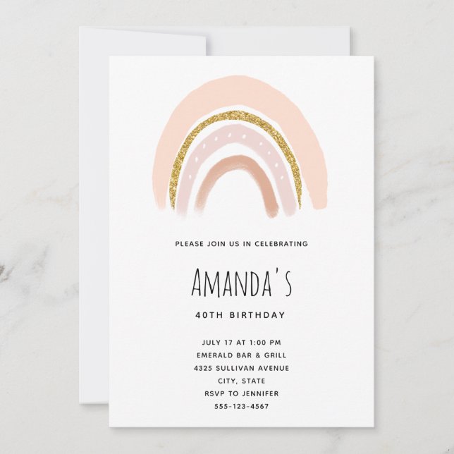 Pastel Pink & Faux Glitter Boho Rainbow Birthday Invitation (Front)