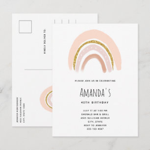 Pastel Pink & Faux Glitter Boho Rainbow Birthday Invitation Postcard