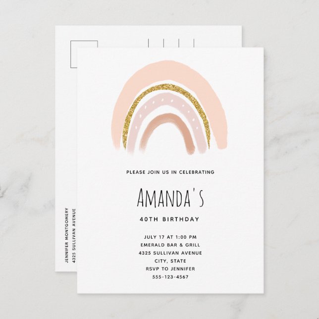 Pastel Pink & Faux Glitter Boho Rainbow Birthday Invitation Postcard (Front/Back)
