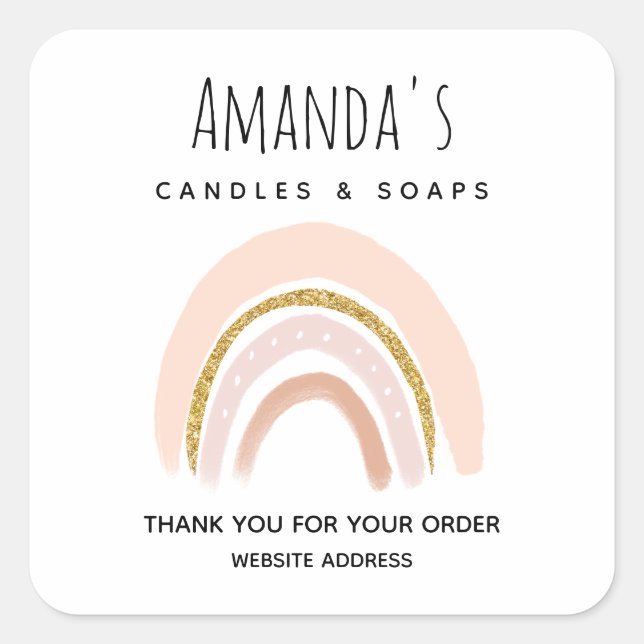 Pastel Pink & Faux Glitter Boho Rainbow Business Square Sticker (Front)