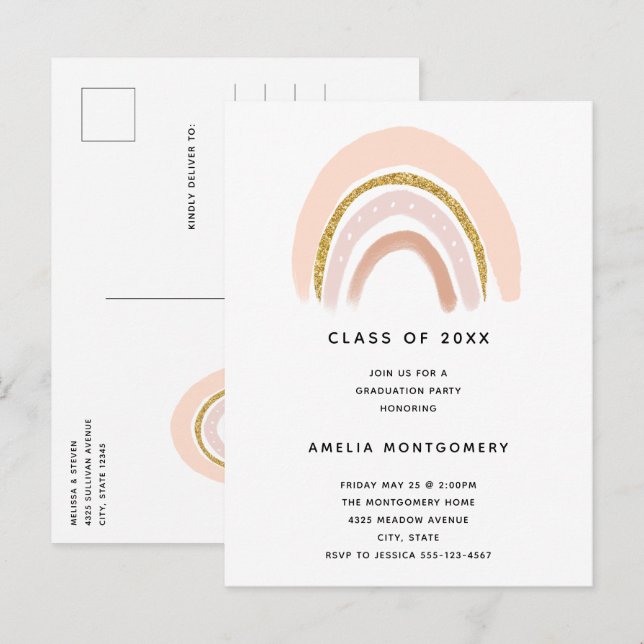 Pastel Pink & Faux Glitter Boho Rainbow Graduation Invitation Postcard (Front/Back)