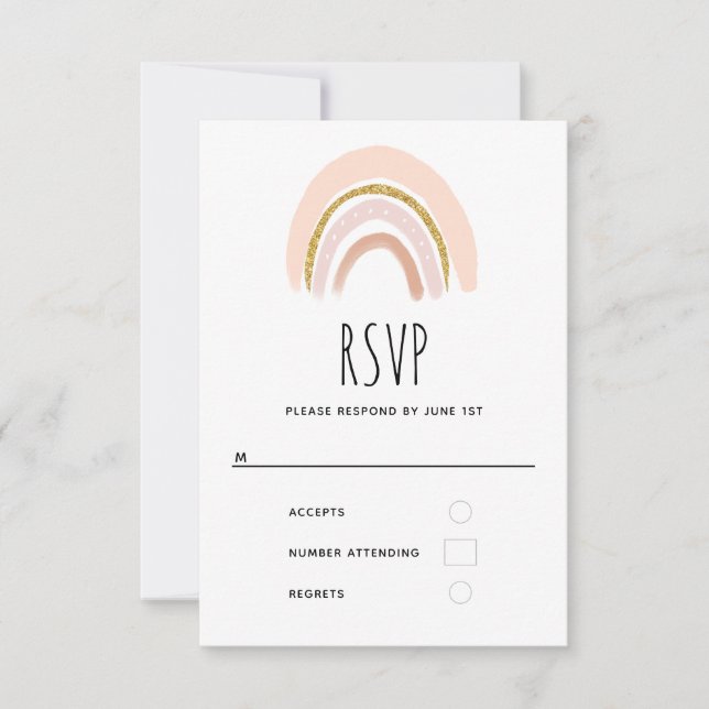 Pastel Pink & Faux Glitter Boho Rainbow RSVP Card (Front)