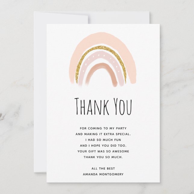 Pastel Pink & Faux Glitter Boho Rainbow Thank You Card (Front)