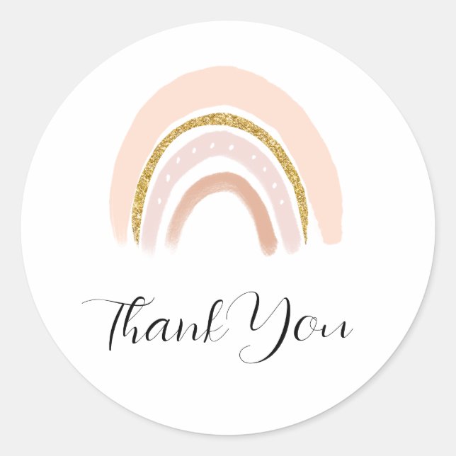 Pastel Pink & Faux Glitter Boho Rainbow Thank You Classic Round Sticker (Front)