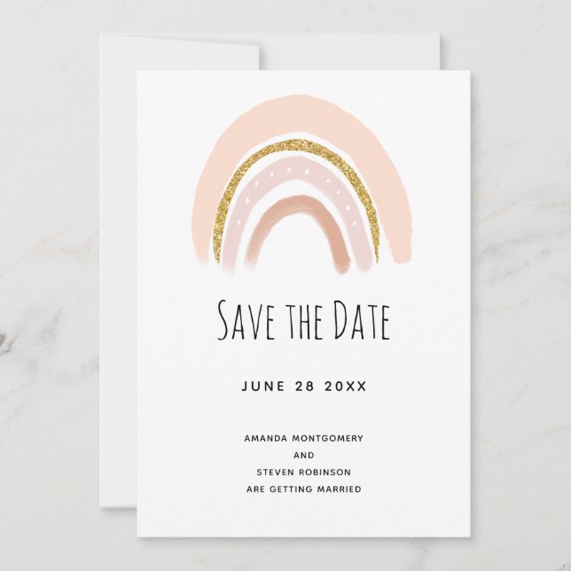 Pastel Pink & Faux Glitter Boho Rainbow Wedding Save The Date (Front)