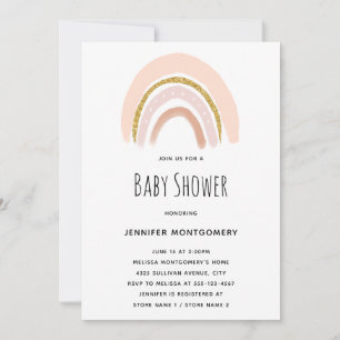 Pastel Pink & Faux Glitter Rainbow Baby Shower Invitation