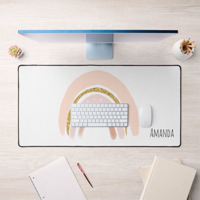 Pastel Pink & Faux Glitter Rainbow Boho Desk Mat (Office 1)