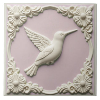 Pastel pink faux relief Art Nouveau Hummingbird  Tile