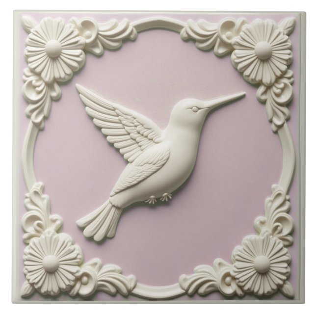 Pastel pink faux relief Art Nouveau Hummingbird  Tile (Front)