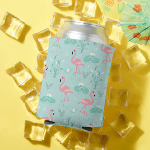 Pastel Pink Flamingos Green Pattern Can Cooler
