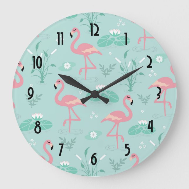 Pastel Pink Flamingos Green Pattern Large Clock (Front)