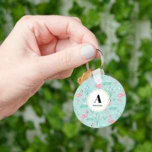 Pastel Pink Flamingos Green Pattern Monogram Key Ring