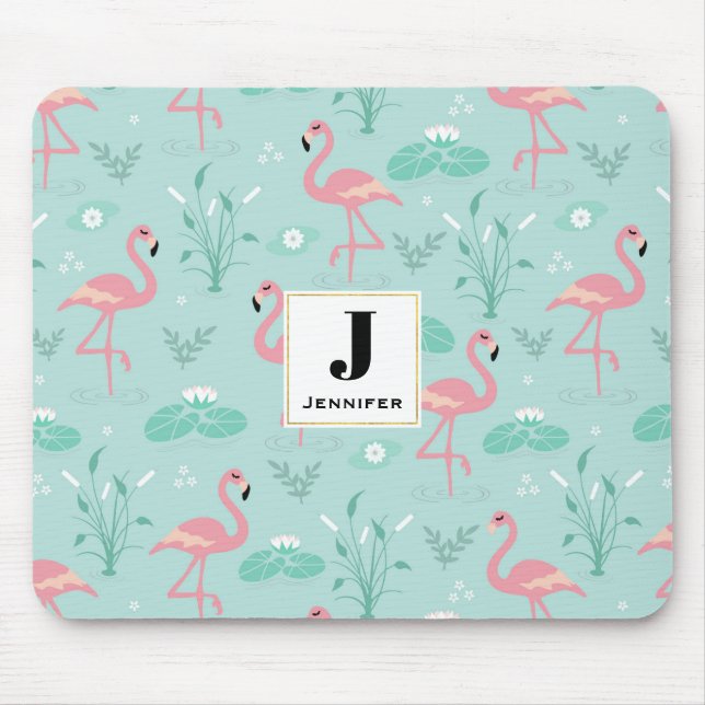 Pastel Pink Flamingos Green Pattern Monogram Mouse Mat (Front)