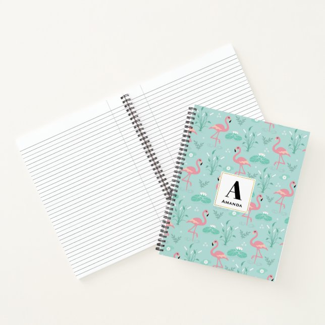 Pastel Pink Flamingos Green Pattern Monogram Notebook (Inside)