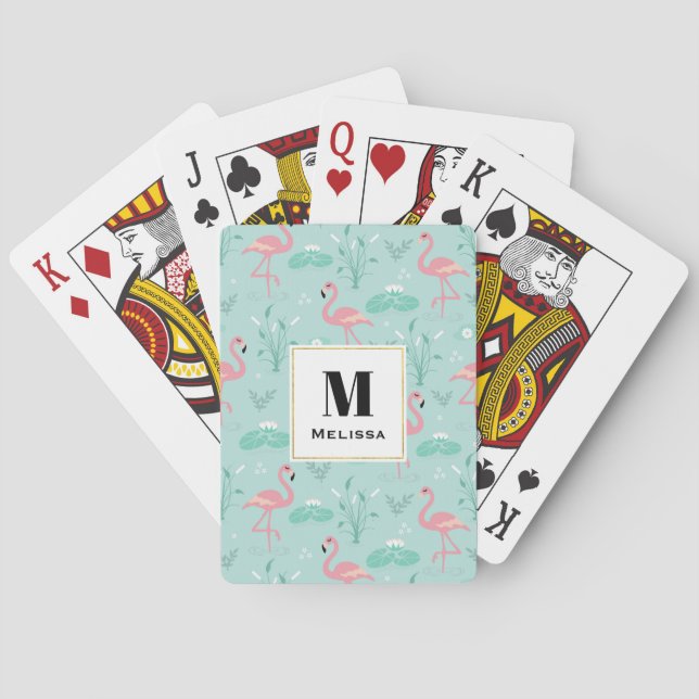 Pastel Pink Flamingos Green Pattern Monogram Playing Cards (Back)