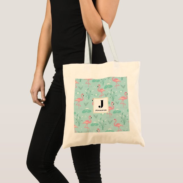 Pastel Pink Flamingos Green Pattern Monogram Tote Bag (Front (Product))