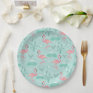 Pastel Pink Flamingos Green Pattern Paper Plate
