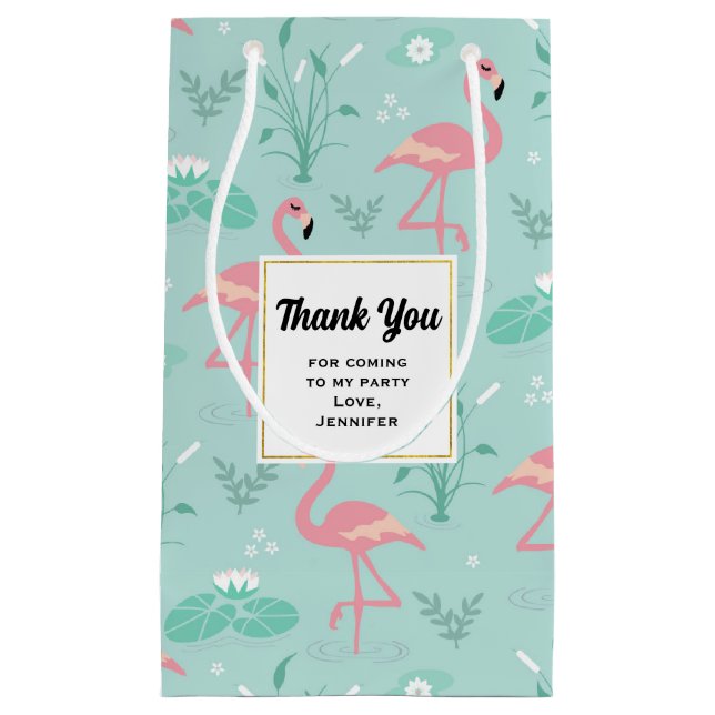 Pastel Pink Flamingos Green Pattern Thank You Small Gift Bag (Front)