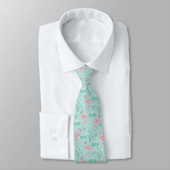 Pastel Pink Flamingos Green Pattern Tie (Tied)