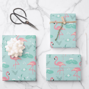 Pastel Pink Flamingos Green Pattern Wrapping Paper Sheet