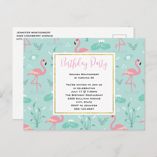 Pastel Pink Flamingos on Green Pattern Birthday Invitation Postcard (Front/Back)