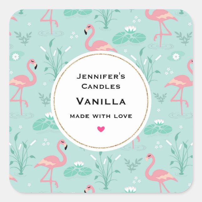 Pastel Pink Flamingos Pattern Candle Craft Square Sticker (Front)