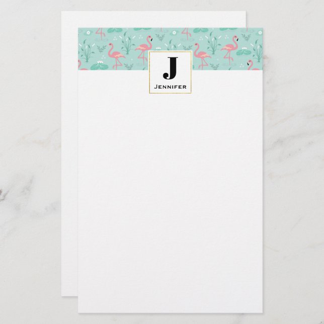 Pastel Pink Flamingos Pattern Monogram Stationery (Front/Back)