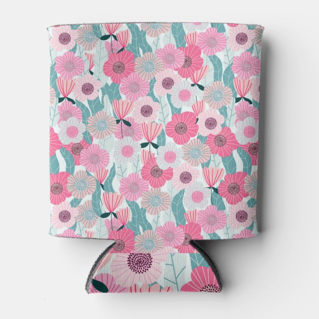 Pastel Pink Floral Abstract Pattern Can Cooler (Front)