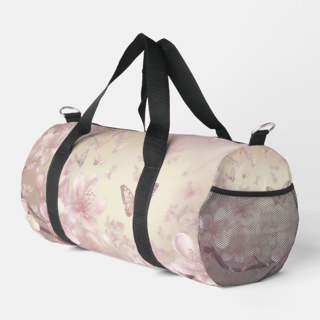 Pastel pink floral and butterfly pattern duffle bag (Right Corner)