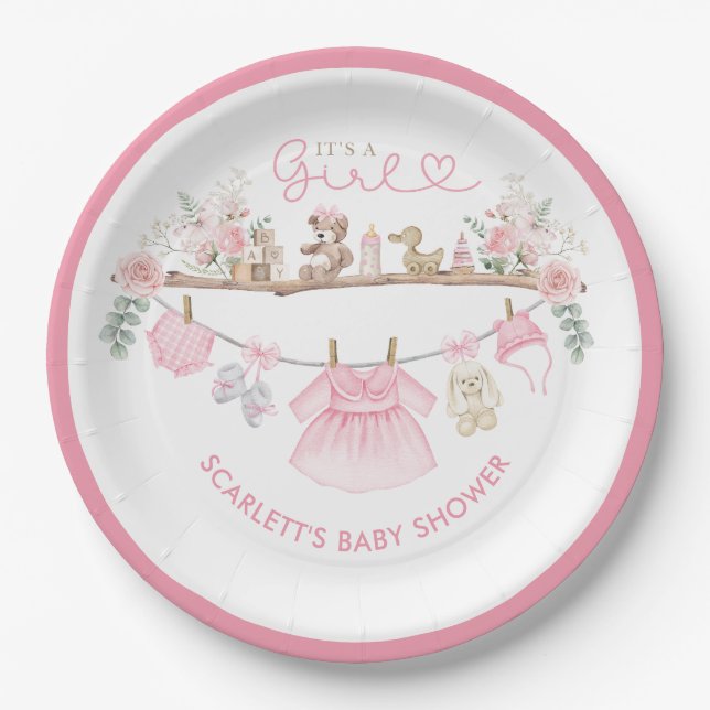 Pastel Pink Floral Baby Girl Clothes Boho Nursery Paper Plate (Front)