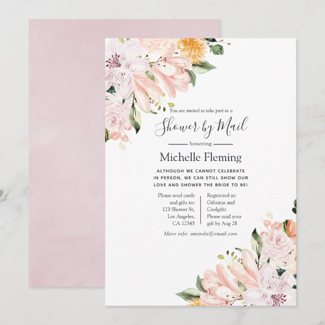 Pastel Pink Floral Baby or Bridal Shower by Mail Invitation (Front/Back)