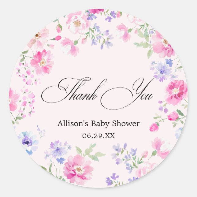 Pastel Pink Floral Baby Shower Thank You Classic Round Sticker (Front)