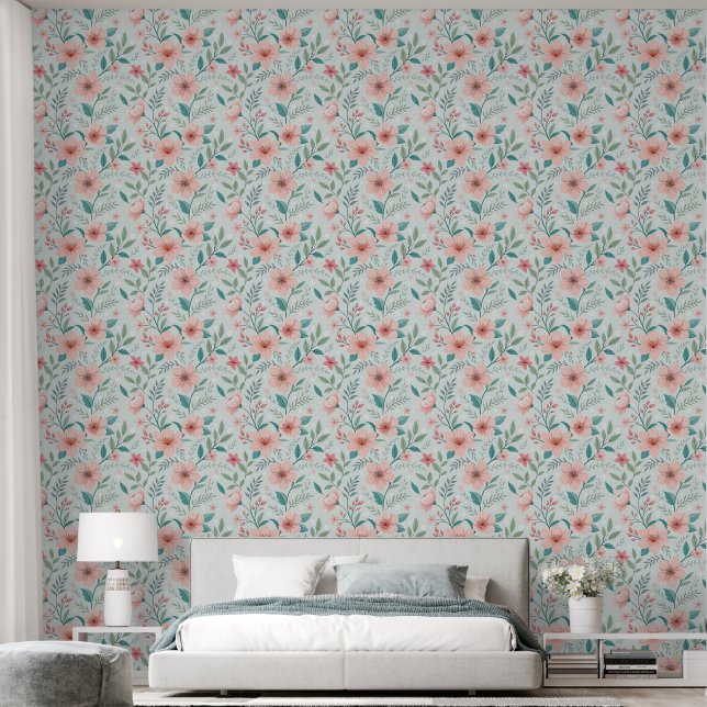Pastel Pink Floral Botanical Wallpaper (Bedroom)