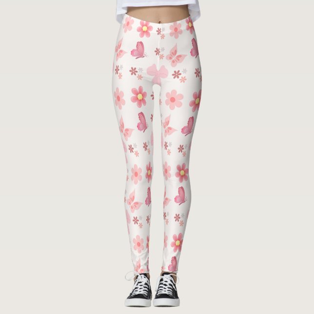 Pastel Pink Floral & Butterfly Pattern Leggings (Front)