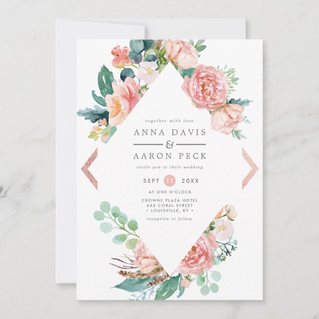 Pastel Pink Floral Diamond Frame Wedding  Invitation (Front)