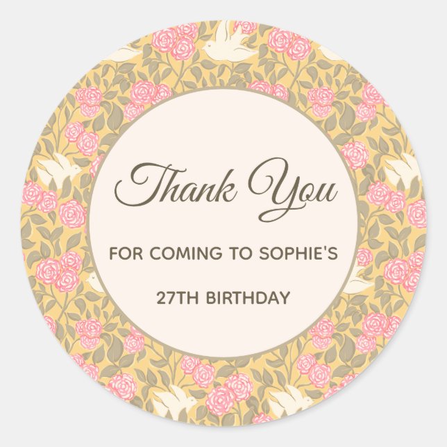 Pastel Pink Floral Dove Pattern Classic Round Sticker (Front)