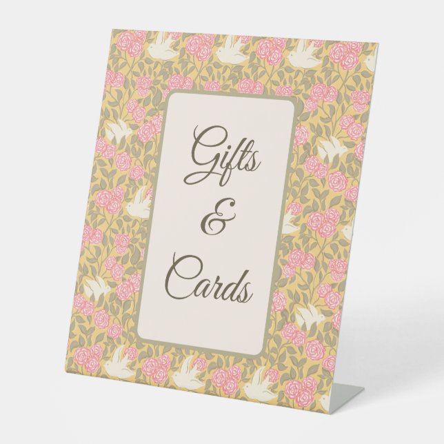 Pastel Pink Floral Dove Pattern Tabletop Sign (Front)